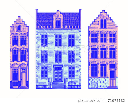 Amsterdam houses. Urban residential buildings. Scandinavian style. European city. Hand drawn Amsterdam houses. Urban residential buildings. Scandinavian style. European city. Hand drawn 71073182