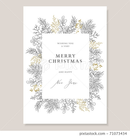 Elegant Christmas decorative vintage greeting card, invitation. Holiday frame. Hand drawn fir, yew tree branches and pine cones with cranberries. Golden and grey floral engraving illustrations, winter Elegant Christmas decorative vintage greeting card, invitation. Holiday frame. Hand drawn fir, yew tree branches and pine cones with cranberries. Golden and grey floral engraving illustrations, winter 71073434