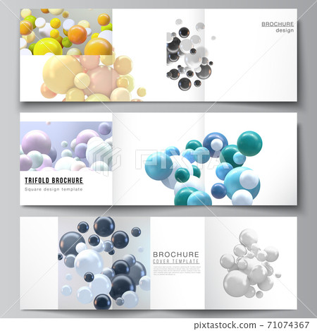 Vector layout of square format covers templates for trifold brochure, flyer, magazine, cover design, book design. Abstract realistic vector background with multicolored 3d spheres, bubbles, balls. Vector layout of square format covers templates for trifold brochure, flyer, magazine, cover design, book design. Abstract realistic vector background with multicolored 3d spheres, bubbles, balls. 71074367