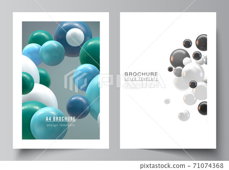 Vector layout of A4 cover mockups templates for brochure, flyer layout, booklet, cover design, book design. Abstract vector futuristic background with colorful 3d spheres, glossy bubbles, balls. Vector layout of A4 cover mockups templates for brochure, flyer layout, booklet, cover design, book design. Abstract vector futuristic background with colorful 3d spheres, glossy bubbles, balls. 71074368