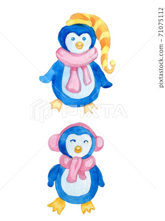 hand drawn penguin watercolor illustration. little penguin in the snow hand drawn penguin watercolor illustration. little penguin in the snow 71075112