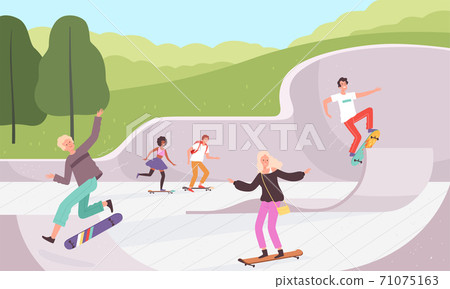 Skatepark. Outdoor extreme activities skateboarders lifestyle urban park action characters vector background 71075163
