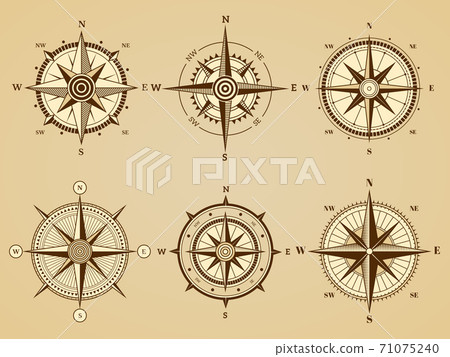 Wind rose. Nautical marine travel symbols for ancient ocean navigation map vector retro symbols 71075240