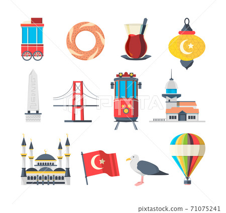 Turkey landmarks. Travellers set of istanbul cultural objects and muslim buildings national mosque vector pictures collection Turkey landmarks. Travellers set of istanbul cultural objects and muslim buildings national mosque vector pictures collection 71075241