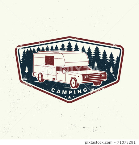Summer camp. Vector. Camping trailer emblem or patch. Concept for shirt or logo, print, stamp or tee. Vintage typography design with RV Motorhome and forest silhouette. 71075291