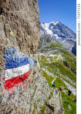 Flag of france painted on a rock in French alps. 71075318