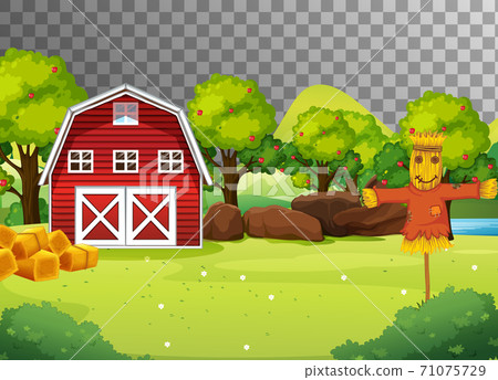 Farm with red barn and scarecrow on transparent background Farm with red barn and scarecrow on transparent background 71075729