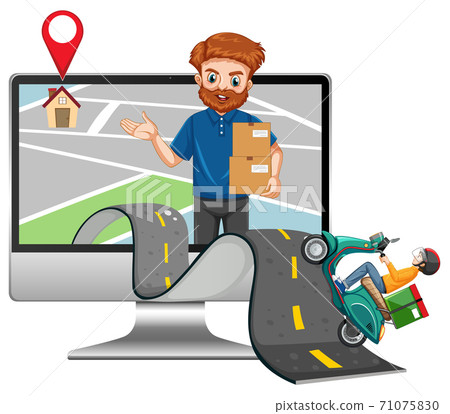 Delivery man riding on the road with courier in the computer dis 71075830