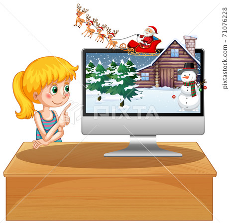 Girl next to computer with xmas desktop background Girl next to computer with xmas desktop background 71076228