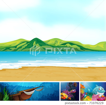 Four different scene of tropical beach and underwater with sea c 71076229