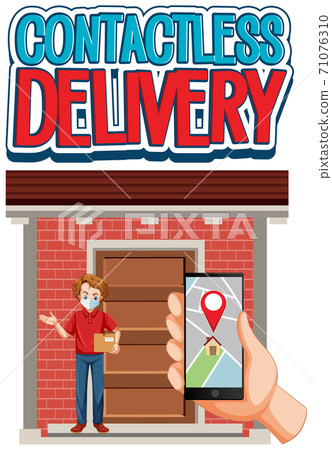 Contactless delivery logo with hand using smartphone and deliver 71076310