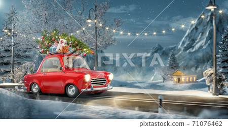 Santa claus in Cute car with decorated christmas tree on top goes by wonderful countryside road. 71076462