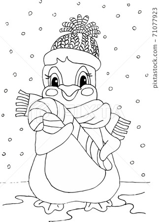 A cute penguin in a hat, holding a lollipop in his paws. First snow in Lapland. Coloring book for winter holidays and Christmas holidays. 71077923