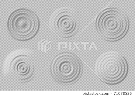 Realistic water circles. Top view round waves, transparent ripple drop impact. Reflect clear liquid, grey splash surface shadow vector set 71078526
