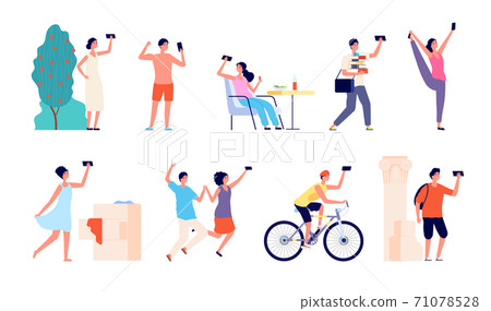 People selfie characters. Cartoon young male, millennials taking phone photo. Flat students teen adult holding smartphones utter vector set 71078528