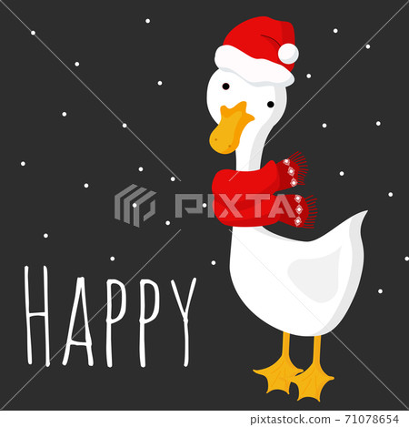 cute Christmas goose in a red scarf and santa hat on a dark gray background with snow and the words "happy". Postcard for Christmas on a dark background cute Christmas goose in a red scarf and santa hat on a dark gray background with snow and the words "happy". Postcard for Christmas on a dark background 71078654