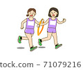 Illustration of the moment when a woman with a tired face in a relay road race hands a tasuki to the next runner 71079216