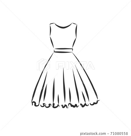 women's dresses. Hand drawn vector illustration. Black outline drawing isolated on white background women's dress, vector sketch illustration 71080558