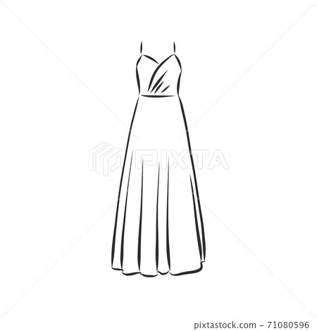 women's dresses. Hand drawn vector illustration. Black outline drawing isolated on white background women's dress, vector sketch illustration 71080596