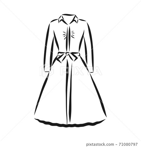 women's dresses. Hand drawn vector illustration. Black outline drawing isolated on white background women's dress, vector sketch illustration 71080797