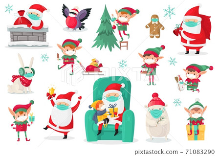 Cartoon christmas characters wearing medical masks. Santa, elves and animals in protect mask, antiviral protective measure, stop spread viruses and beware epidemic covid-19 vector set Cartoon christmas characters wearing medical masks. Santa, elves and animals in protect mask, antiviral protective measure, stop spread viruses and beware epidemic covid-19 vector set 71083290