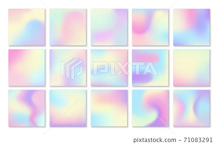 Holographic backgrounds. Petrol gradient blotches backdrop, trendy pastel yellow and pink colors, hologram iridescent effect stains, fantasy square texture vector illustration set Holographic backgrounds. Petrol gradient blotches backdrop, trendy pastel yellow and pink colors, hologram iridescent effect stains, fantasy square texture vector illustration set 71083291