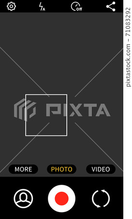Smartphone application. Mobile video and photo app, camera viewfinders on black phone device screen, camcorder buttons, UI elements template, snapshot display, interface vector mockup Smartphone application. Mobile video and photo app, camera viewfinders on black phone device screen, camcorder buttons, UI elements template, snapshot display, interface vector mockup 71083292
