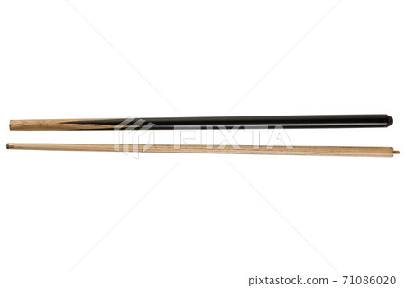 two parts of a wooden collapsible cue lie side by side, on a white background 71086020