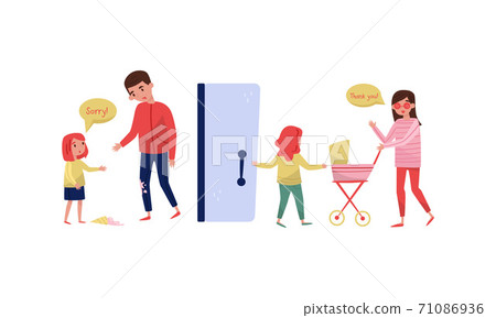 Little Girl Opening Door to Young Woman with Baby Carriage and Apologising Vector Illustration Set Little Girl Opening Door to Young Woman with Baby Carriage and Apologising Vector Illustration Set 71086936