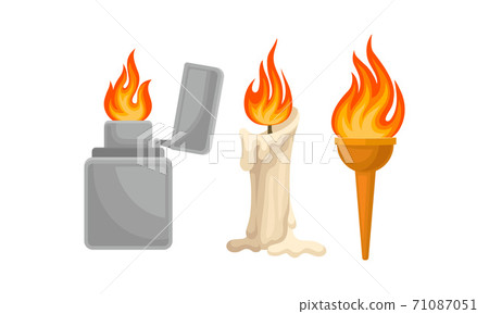 Flaming and Burning Objects with Cigar Lighter and Candle Vector Set 71087051