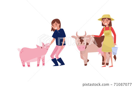 Woman Farmer Taking Care of Cow and Pig Vector Illustration Set Woman Farmer Taking Care of Cow and Pig Vector Illustration Set 71087077