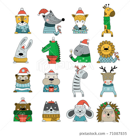 Set ot hand-drawn animals in winter costums Set ot hand-drawn animals in winter costums 71087835