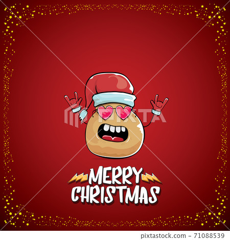 vector funky comic cartoon cute brown smiling santa claus potato with red santa hat and cartoon merry christmas text isolated on classic red background. vegetable funky christmas kids character 71088539