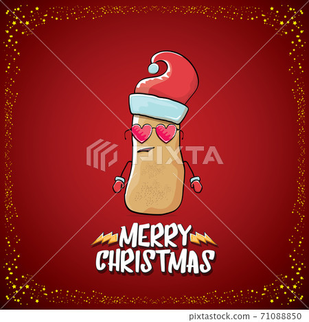 vector funky comic cartoon cute brown smiling santa claus potato with red santa hat and cartoon merry christmas text isolated on classic red background. vegetable funky christmas kids character 71088850