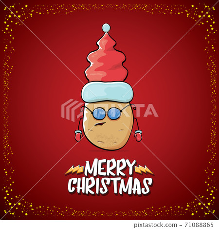 vector funky comic cartoon cute brown smiling santa claus potato with red santa hat and cartoon merry christmas text isolated on classic red background. vegetable funky christmas kids character vector funky comic cartoon cute brown smiling santa claus potato with red santa hat and cartoon merry christmas text isolated on classic red background. vegetable funky christmas kids character 71088865