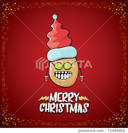 vector funky comic cartoon cute brown smiling santa claus potato with red santa hat and cartoon merry christmas text isolated on classic red background. vegetable funky christmas kids character 71088868