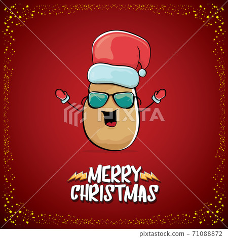 vector funky comic cartoon cute brown smiling santa claus potato with red santa hat and cartoon merry christmas text isolated on classic red background. vegetable funky christmas kids character vector funky comic cartoon cute brown smiling santa claus potato with red santa hat and cartoon merry christmas text isolated on classic red background. vegetable funky christmas kids character 71088872