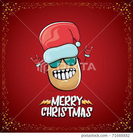 vector funky comic cartoon cute brown smiling santa claus potato with red santa hat and cartoon merry christmas text isolated on classic red background. vegetable funky christmas kids character 71088882