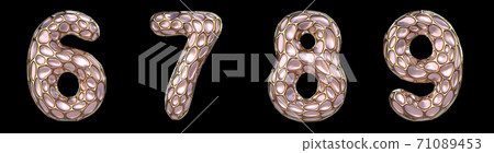 Number set 6, 7, 8, 9 made of realistic 3d render golden shining metallic. Collection of gold shining metallic with pink color glass symbol 71089453