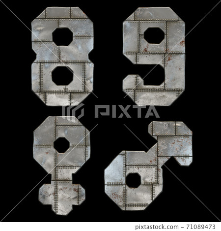 Set of numbers 8, 9 and symbols female, male made of industrial metal on black background 3d Set of numbers 8, 9 and symbols female, male made of industrial metal on black background 3d 71089473