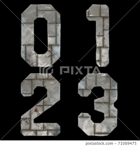 Set of numbers 0, 1, 2, 3 made of industrial metal on black background 3d 71089475