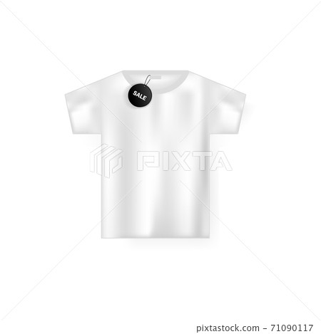 White male t shirt. Realistic mockup. Short sleeve t shirt template with discount tags. Vector on isolated white background. Eps 10. White male t shirt. Realistic mockup. Short sleeve t shirt template with discount tags. Vector on isolated white background. Eps 10. 71090117
