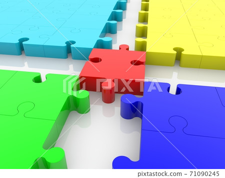Red puzzle piece on empty row cross connects puzzle pieces of different colors Red puzzle piece on empty row cross connects puzzle pieces of different colors 71090245