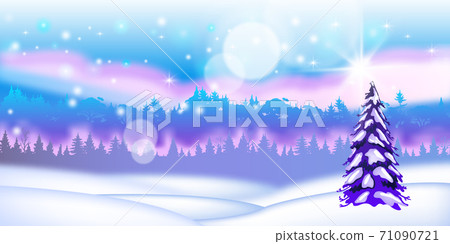 Winter vector Christmas landscape with tree, snow drifts, forest outline, starts, shining lights. Winter vector Christmas landscape with tree, snow drifts, forest outline, starts, shining lights. 71090721