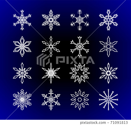 Set of artistic frozen snowflake silhouettes for Xmas celebration. Sign or emblem of the snow for Christmas holidays greeting cards and winter sale banners. Set of artistic frozen snowflake silhouettes for Xmas celebration. Sign or emblem of the snow for Christmas holidays greeting cards and winter sale banners. 71091813