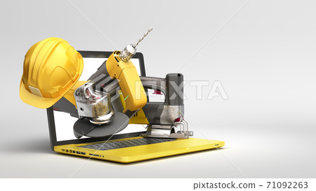 online calculation of construction costs building supplies fly out from laptop with a blank screen 3d render on grey gradient 71092263