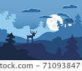 Lonely deer in night forest winter flat illustration 71093847