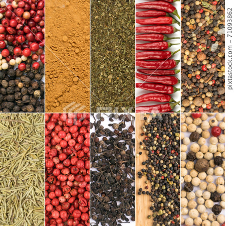 Spice Collage. Various Pepper Corns Collection Mix 71093862