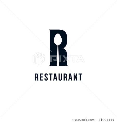 Restaurant logo template, black silhouette of Letter R with spoon in letter negative space, food menu graphic, vector icon. Restaurant logo template, black silhouette of Letter R with spoon in letter negative space, food menu graphic, vector icon. 71094455