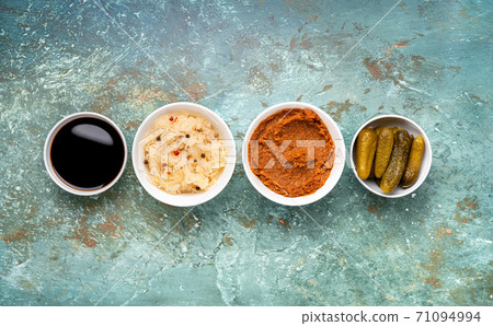 Variety of healthy fermented foods in one raw Variety of healthy fermented foods in one raw 71094994